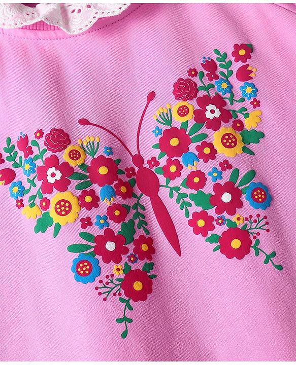 Pine Kids Cotton Knit Full Raglan Drop Shoulder Sleeves Sweatshirt with Floral Embroidery & Lace Detailing - Pink