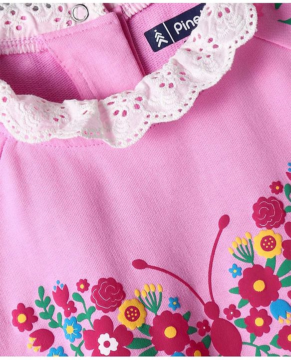 Pine Kids Cotton Knit Full Raglan Drop Shoulder Sleeves Sweatshirt with Floral Embroidery & Lace Detailing - Pink