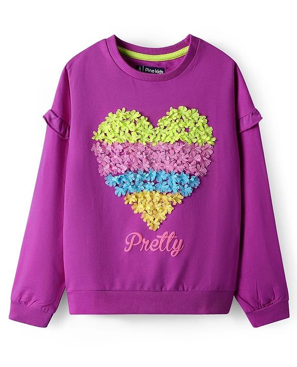 Pine Kids Cotton Knit Full  Drop Shoulder Sleeves Sweatshirt with Floral Applique - Purple