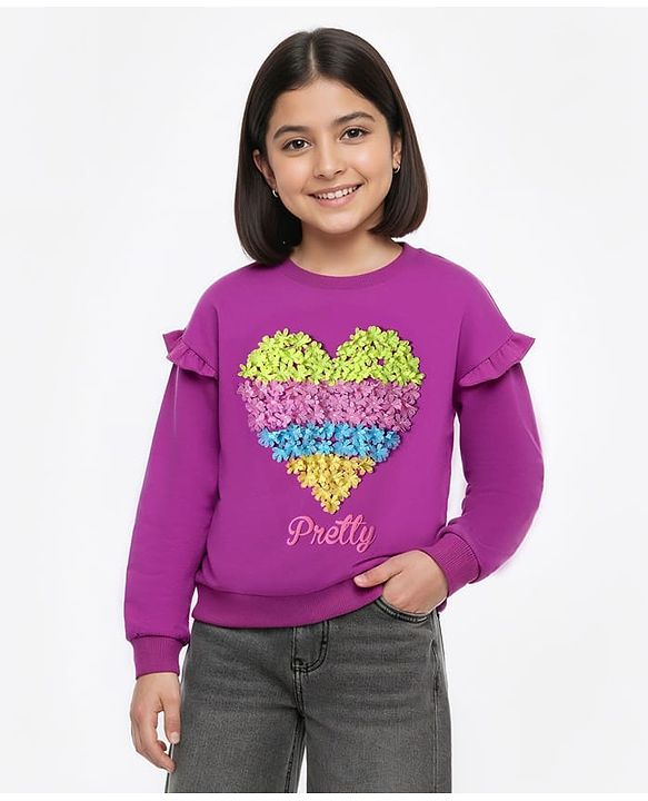 Pine Kids Cotton Knit Full  Drop Shoulder Sleeves Sweatshirt with Floral Applique - Purple
