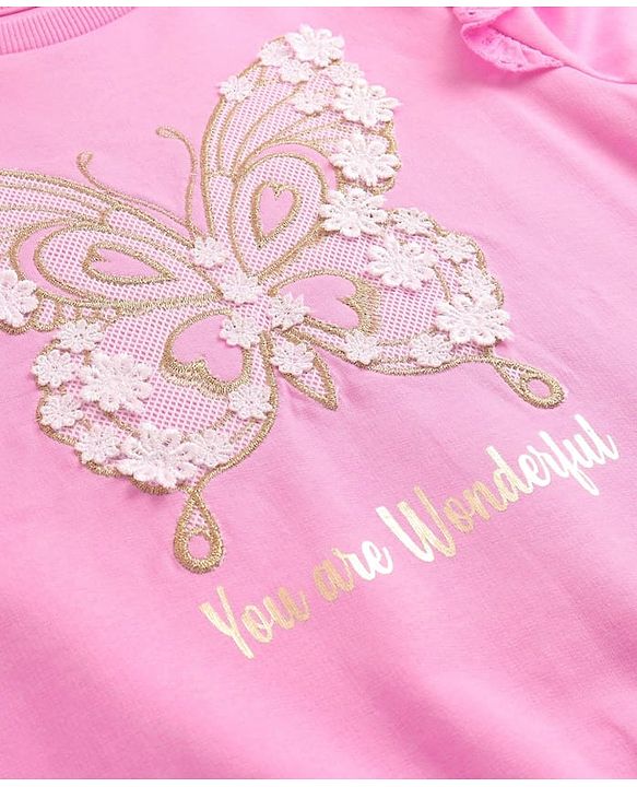 Pine Kids Cotton Knit Full Sleeves Drop Shoulder Sweatshirt with Abstract & Glitter Text Print - Pink