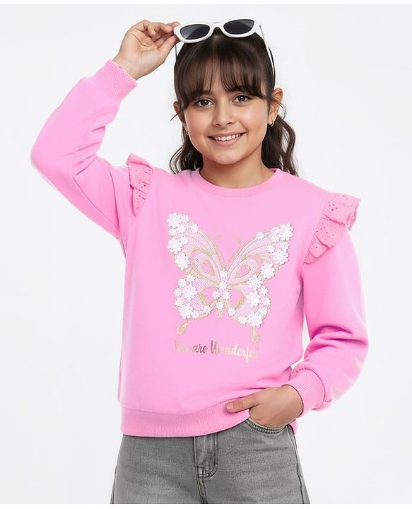 Pine Kids Cotton Knit Full Sleeves Drop Shoulder Sweatshirt with Abstract & Glitter Text Print - Pink