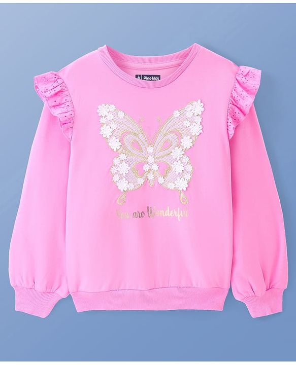Pine Kids Cotton Knit Full Sleeves Drop Shoulder Sweatshirt with Abstract & Glitter Text Print - Pink