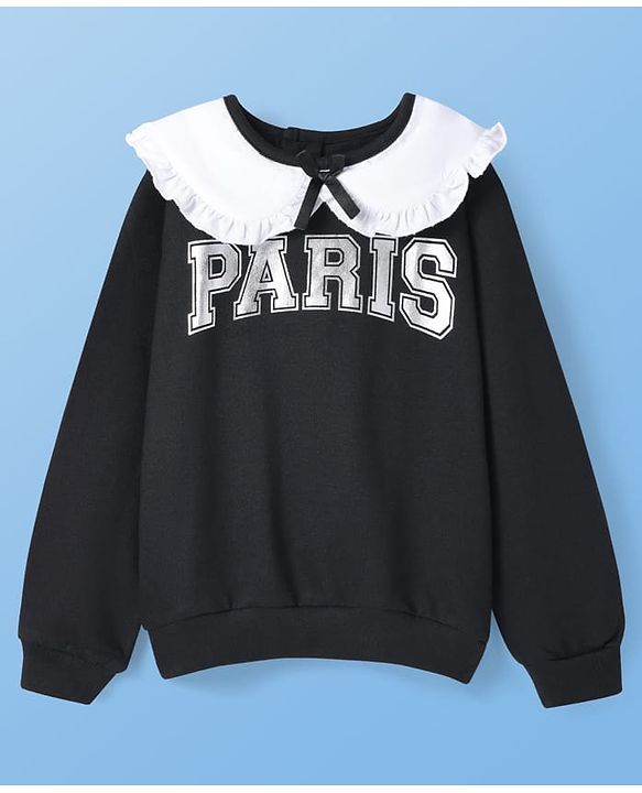 Pine Kids Cotton Knit Full Sleeves Text Printed Sweatshirt With Peter Pan Collar - Black