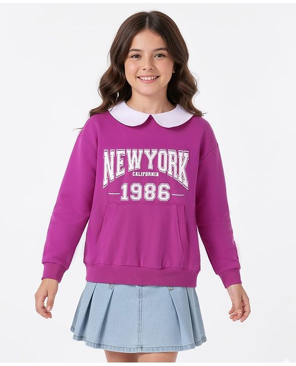 Pine Kids Cotton Knit Full Sleeves Text Printed Sweatshirt With Peter Pan Collar & Kangaroo Pockets - Purple