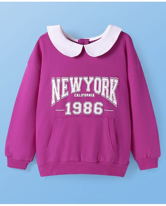 Pine Kids Cotton Knit Full Sleeves Text Printed Sweatshirt With Peter Pan Collar & Kangaroo Pockets - Purple