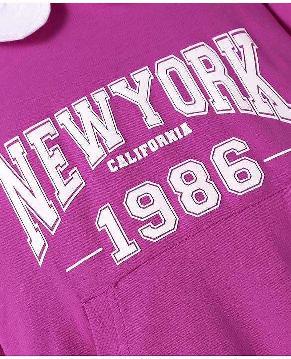 Pine Kids Cotton Knit Full Sleeves Text Printed Sweatshirt With Peter Pan Collar & Kangaroo Pockets - Purple