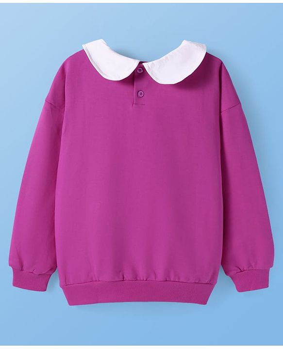 Pine Kids Cotton Knit Full Sleeves Text Printed Sweatshirt With Peter Pan Collar & Kangaroo Pockets - Purple