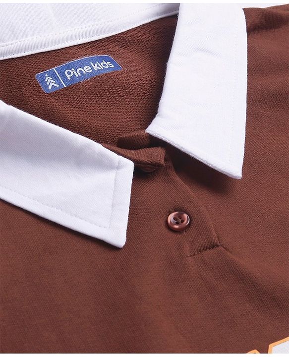 Pine Kids Cotton Knit Full Sleeves Drop Shoulder Sweatshirt with Collar Neck & Text Print - Brown