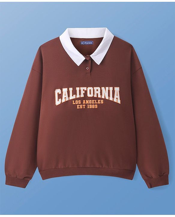 Pine Kids Cotton Knit Full Sleeves Drop Shoulder Sweatshirt with Collar Neck & Text Print - Brown