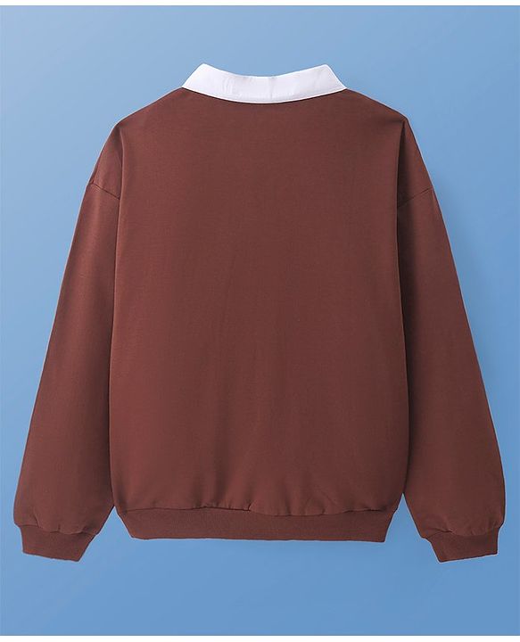 Pine Kids Cotton Knit Full Sleeves Drop Shoulder Sweatshirt with Collar Neck & Text Print - Brown