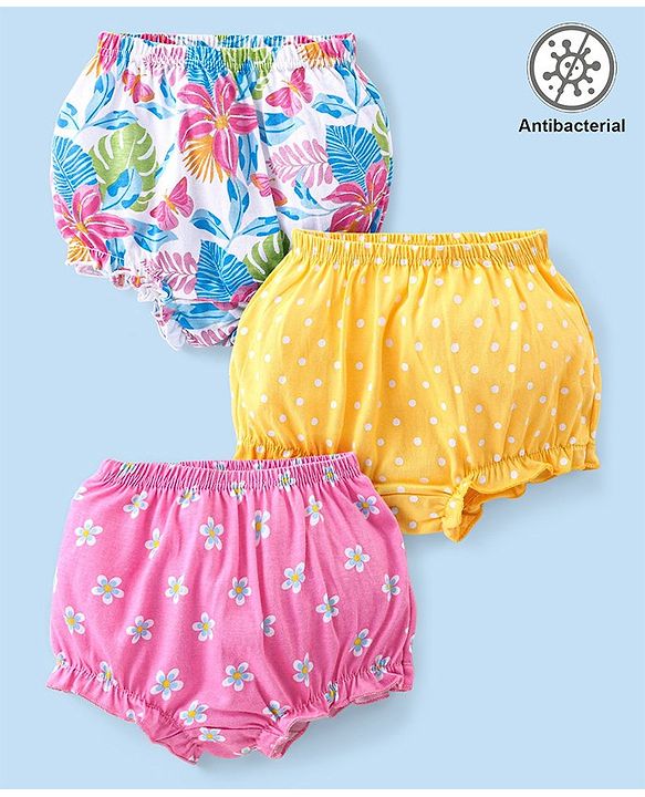 Babyhug 100% Cotton Knit Antibacterial Bloomers with Floral & Polka Dots Print  Pack of 3 - Pink Yellow & White