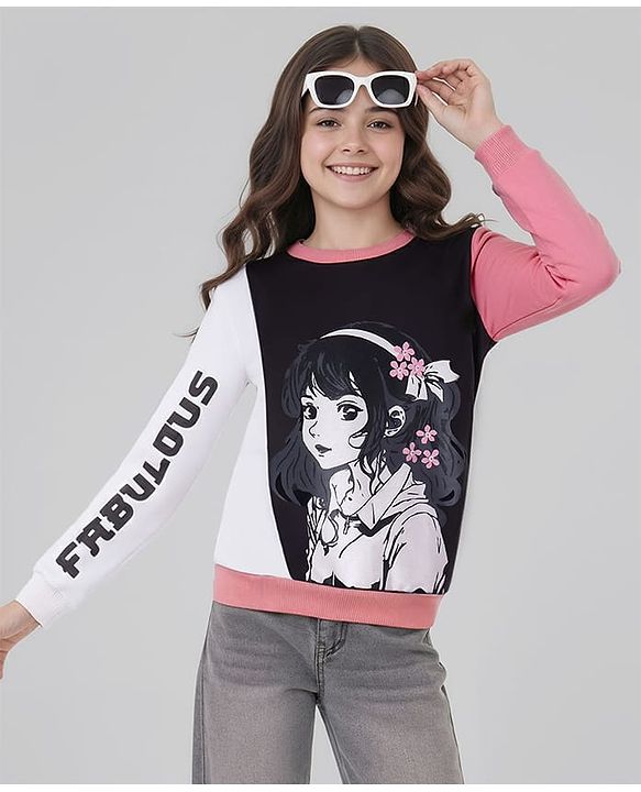 Pine Kids Cotton Knit Full Sleeves Sweatshirt with Anime Print - Pink