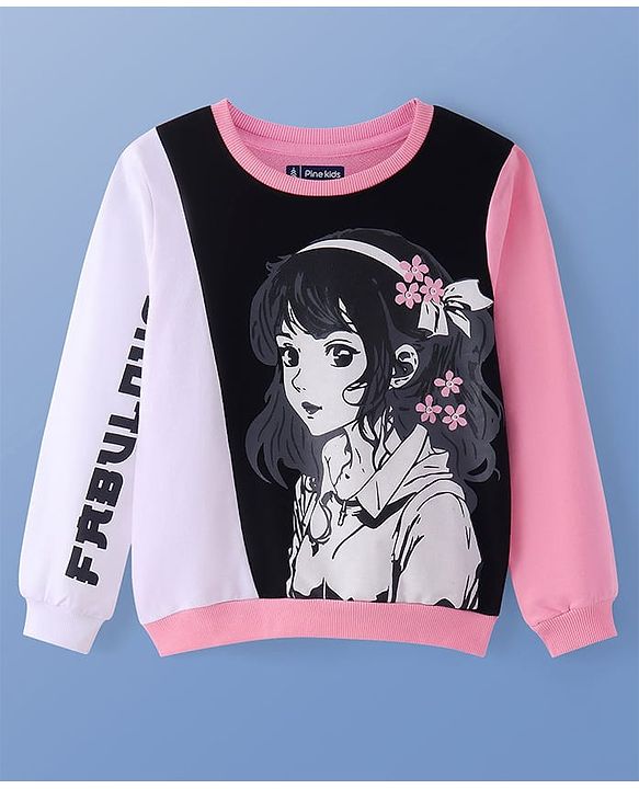 Pine Kids Cotton Knit Full Sleeves Sweatshirt with Anime Print - Pink