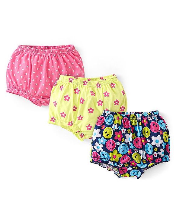Babyhug 100% Cotton Knit Antibacterial Bloomers with Polka Dots & Floral Print  Pack of 3 - Yellow Pink & Navy Blue
