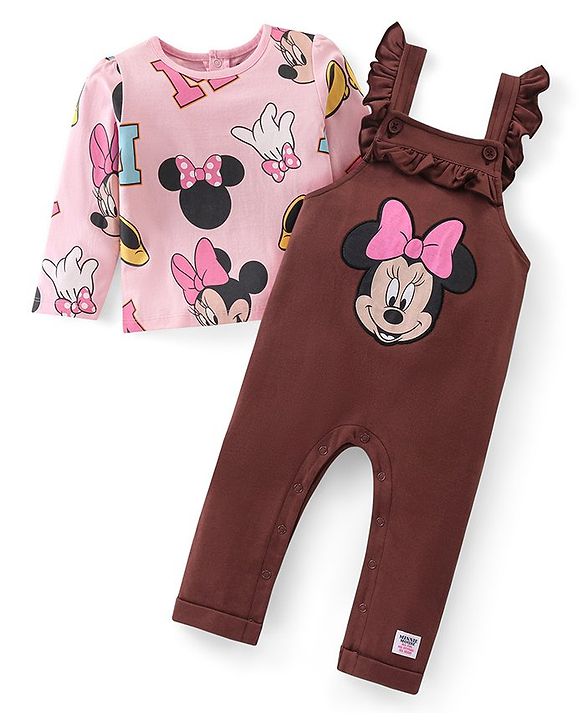 Babyhug Disney Knit Terry Dungaree with Frill Detailing & Full Sleeves T-Shirt Set Minnie Mouse Applique -Pink & Brown