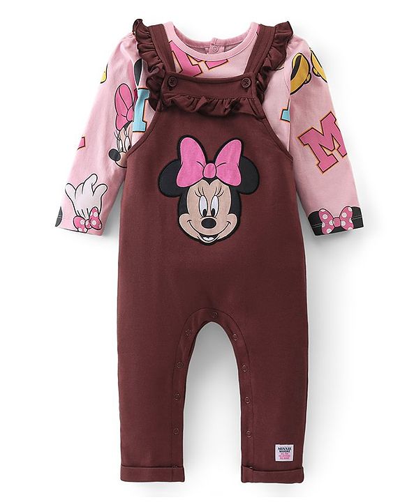 Babyhug Disney Knit Terry Dungaree with Frill Detailing & Full Sleeves T-Shirt Set Minnie Mouse Applique -Pink & Brown