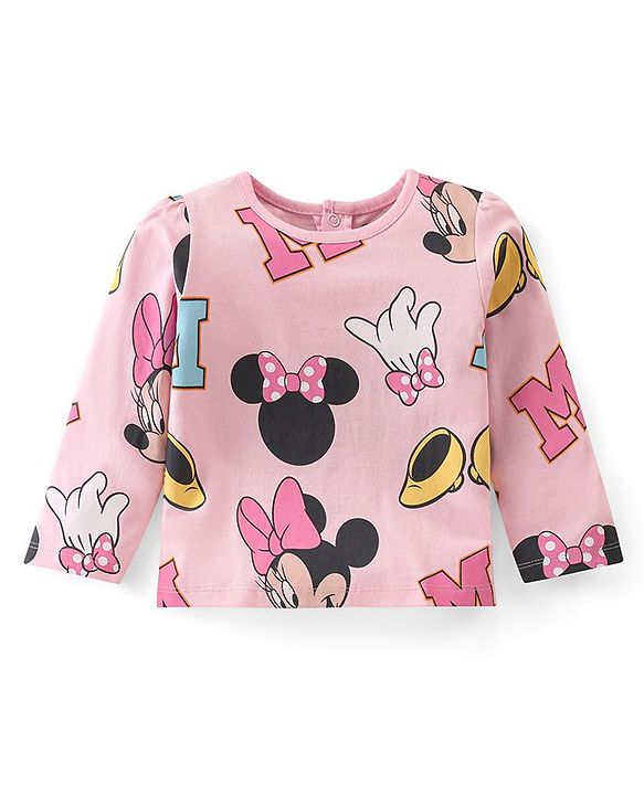 Babyhug Disney Knit Terry Dungaree with Frill Detailing & Full Sleeves T-Shirt Set Minnie Mouse Applique -Pink & Brown