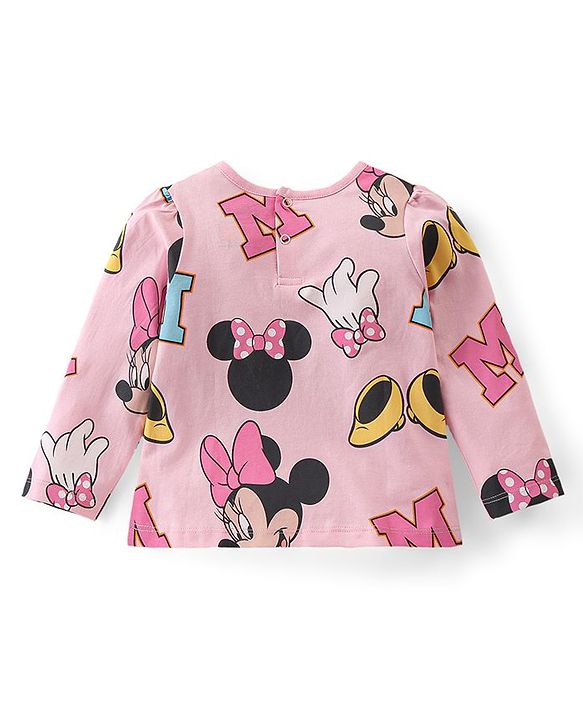 Babyhug Disney Knit Terry Dungaree with Frill Detailing & Full Sleeves T-Shirt Set Minnie Mouse Applique -Pink & Brown