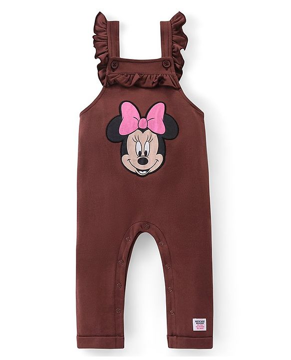 Babyhug Disney Knit Terry Dungaree with Frill Detailing & Full Sleeves T-Shirt Set Minnie Mouse Applique -Pink & Brown