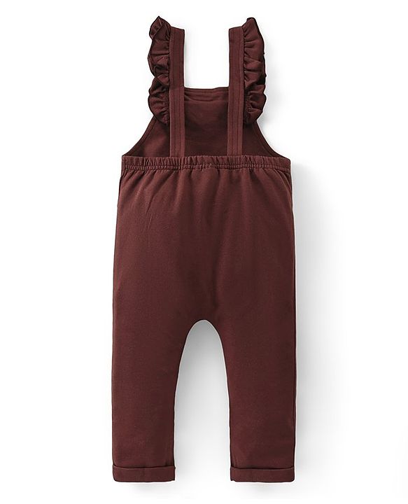 Babyhug Disney Knit Terry Dungaree with Frill Detailing & Full Sleeves T-Shirt Set Minnie Mouse Applique -Pink & Brown
