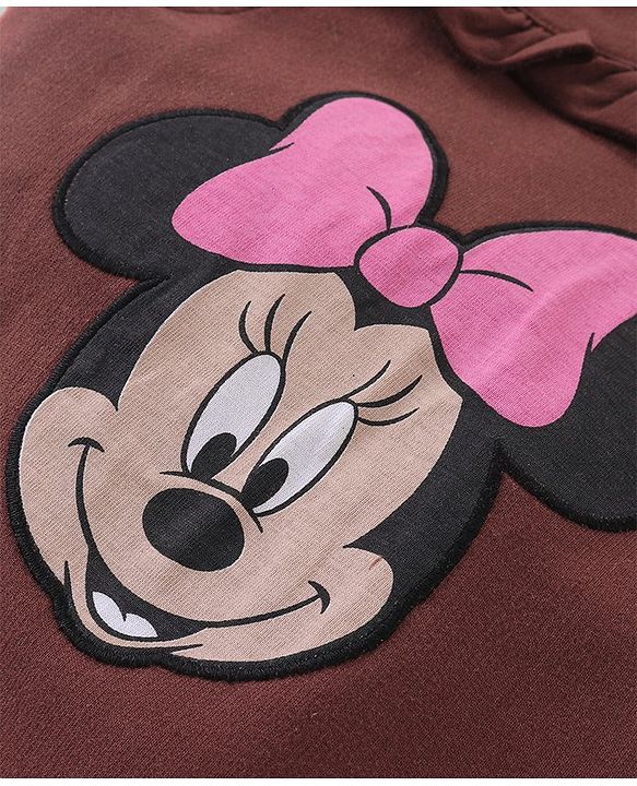 Babyhug Disney Knit Terry Dungaree with Frill Detailing & Full Sleeves T-Shirt Set Minnie Mouse Applique -Pink & Brown