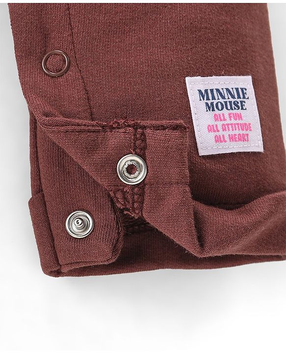Babyhug Disney Knit Terry Dungaree with Frill Detailing & Full Sleeves T-Shirt Set Minnie Mouse Applique -Pink & Brown