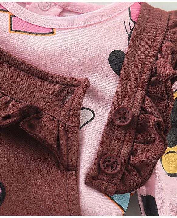 Babyhug Disney Knit Terry Dungaree with Frill Detailing & Full Sleeves T-Shirt Set Minnie Mouse Applique -Pink & Brown