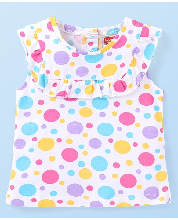 Babyhug Cotton Knit Sleeveless Polka Dot Printed Top - White
