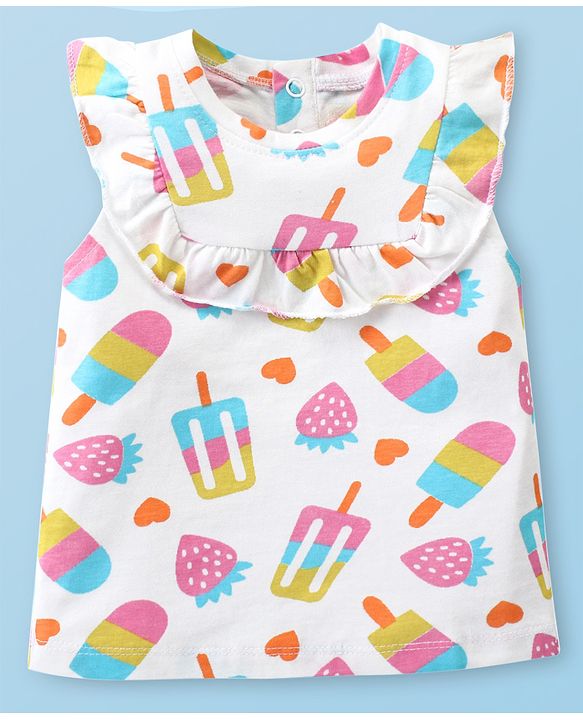 Babyhug Cotton Knit Sleeveless Top with Ice Cream Print & Frill Detailing - White