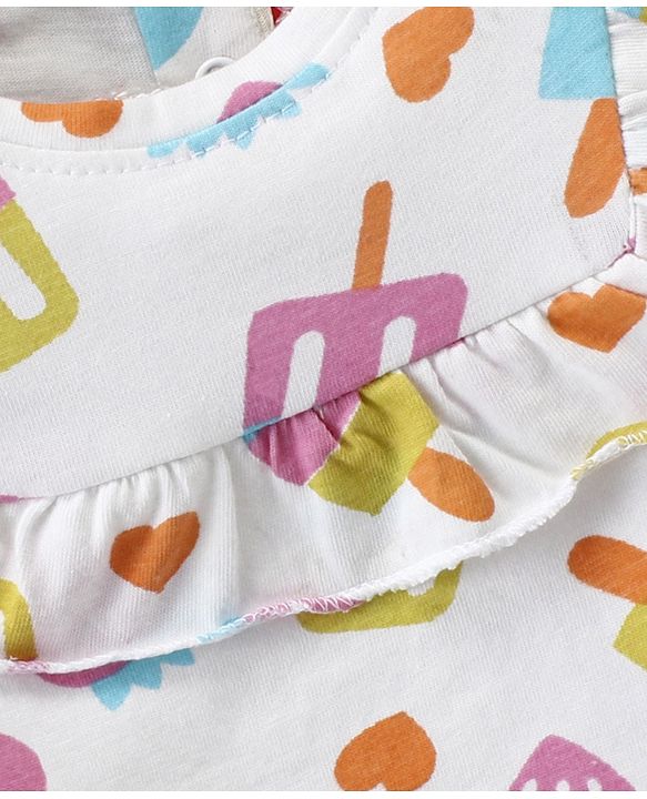 Babyhug Cotton Knit Sleeveless Top with Ice Cream Print & Frill Detailing - White