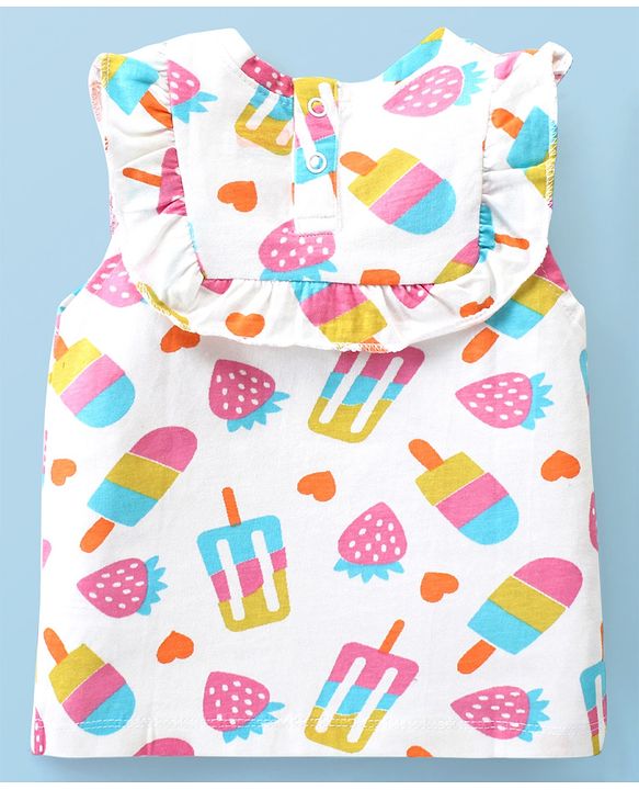 Babyhug Cotton Knit Sleeveless Top with Ice Cream Print & Frill Detailing - White