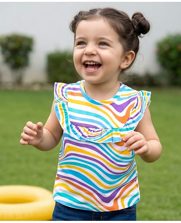 Babyhug Cotton Knit Sleeveless  Top with Marble Print & Frill Detailing - White