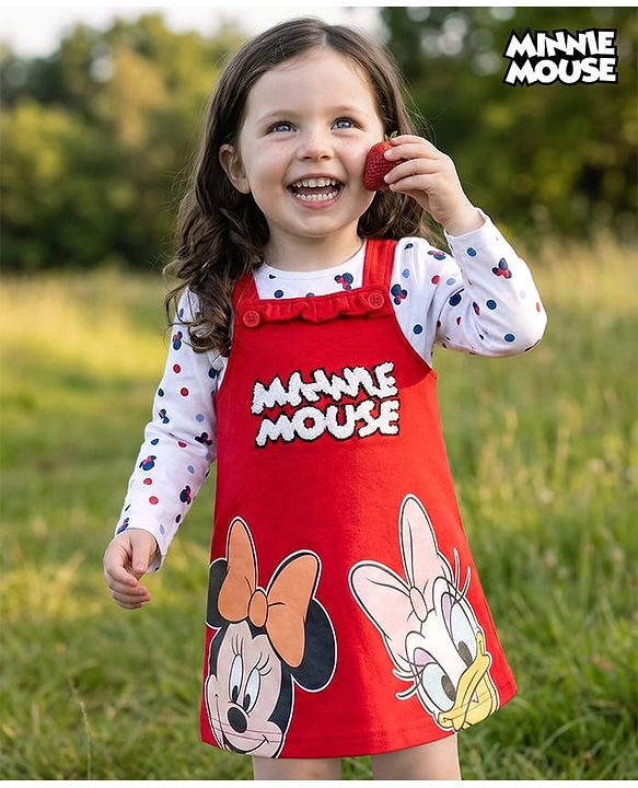 Babyhug Disney Single Jersey Knit Full Sleeves T-Shirt & Frock with Minnie Mouse Graphics - Red & White