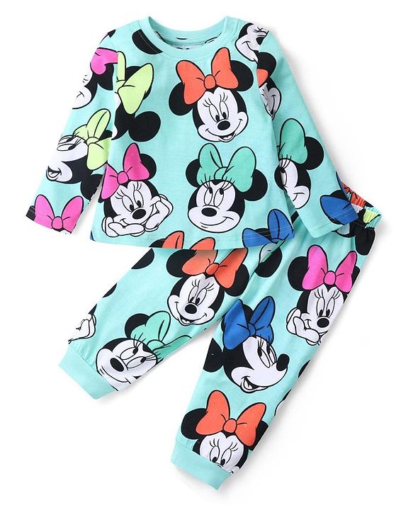 Babyhug Disney Single Jersey Knit Full Sleeves Night Suit With Minnie Mouse Print - Blue