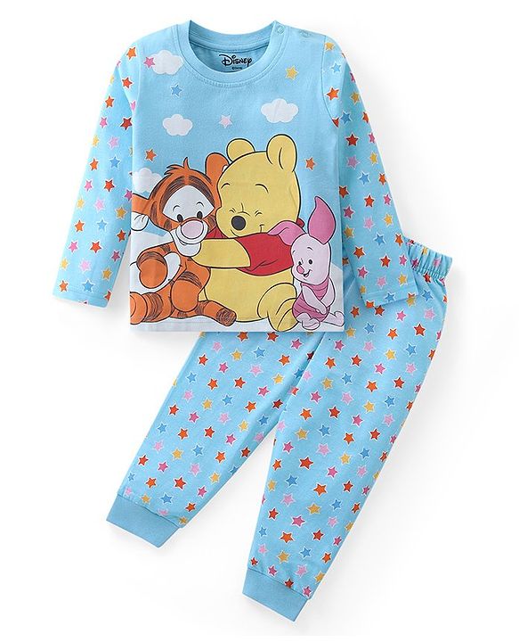 Babyhug Disney Single Jersey Knit Full Sleeves Night Suit With Winnie The Pooh Graphics - Blue