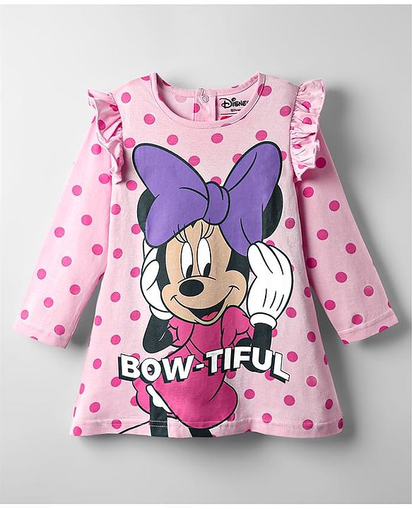 Babyhug Disney Cotton Knit Frill Full Sleeves Nighty With Minnie Mouse Graphics - Pink
