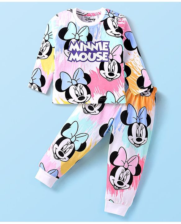 Babyhug Disney Single Jersey Knit Full Sleeves Minnie Mouse Printed Night Suit - White