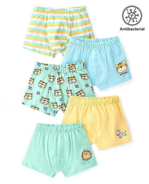 Babyhug 100% Cotton Knit Antibacterial Trunks Lion & Tiger Print Pack of 5 - Multicolour