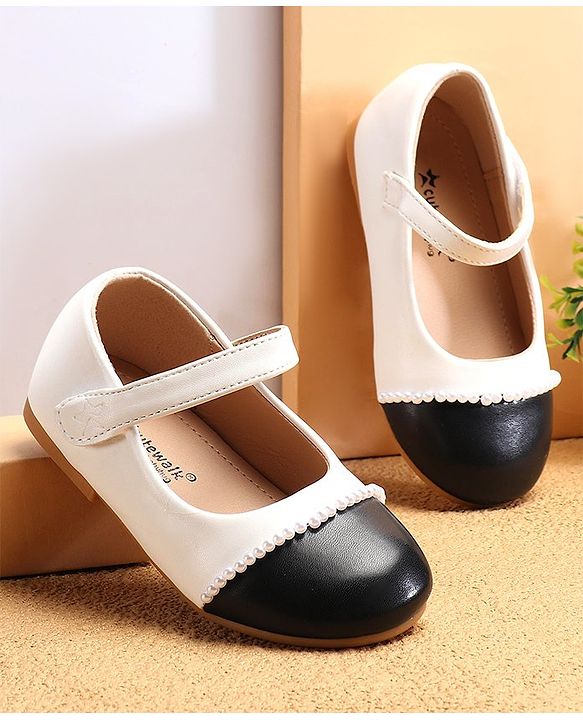 Cute Walk by Babyhug Ballerinas with Velcro Closure & Pearl Detailing - White & Black