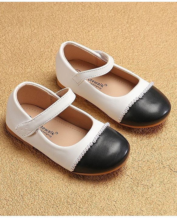 Cute Walk by Babyhug Ballerinas with Velcro Closure & Pearl Detailing - White & Black