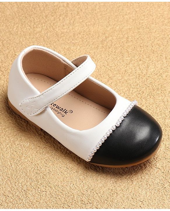 Cute Walk by Babyhug Ballerinas with Velcro Closure & Pearl Detailing - White & Black