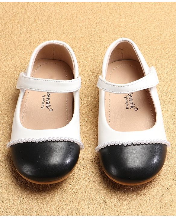 Cute Walk by Babyhug Ballerinas with Velcro Closure & Pearl Detailing - White & Black
