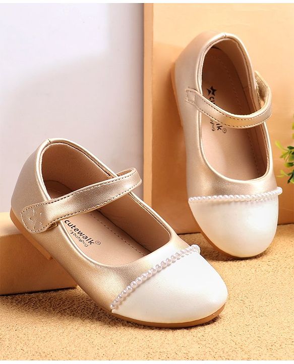 Cute Walk by Babyhug Ballerinas with Velcro Closure & Pearl Detailing - White & Golden