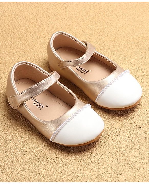 Cute Walk by Babyhug Ballerinas with Velcro Closure & Pearl Detailing - White & Golden