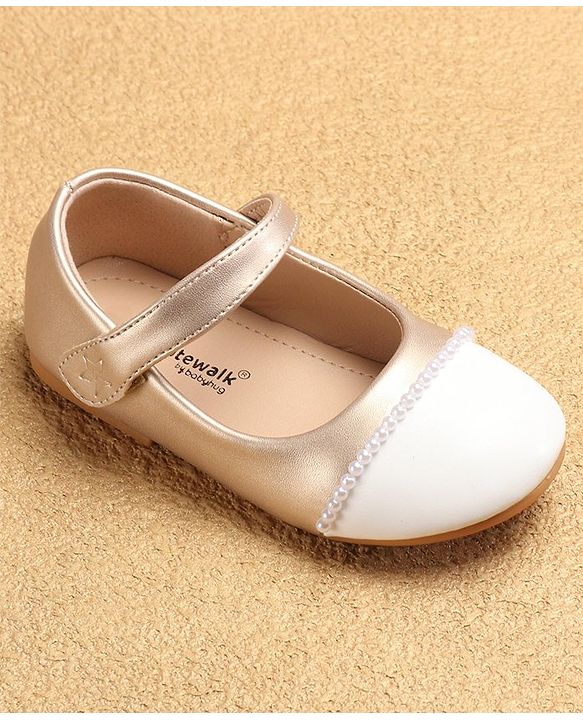 Cute Walk by Babyhug Ballerinas with Velcro Closure & Pearl Detailing - White & Golden