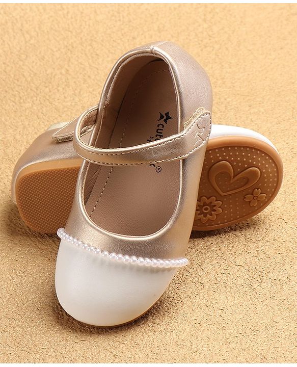 Cute Walk by Babyhug Ballerinas with Velcro Closure & Pearl Detailing - White & Golden