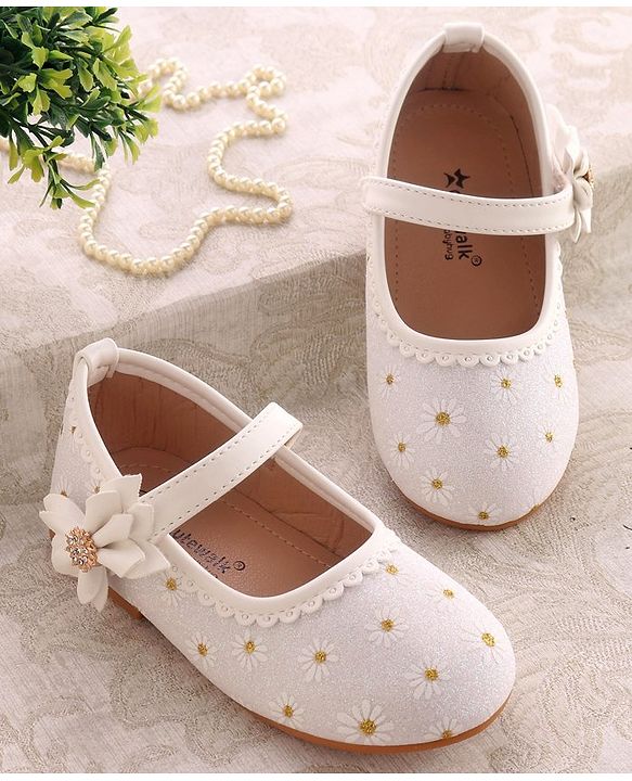 Cute Walk By Babyhug Ballerinas With Velcro Closure & Floral Applique - White