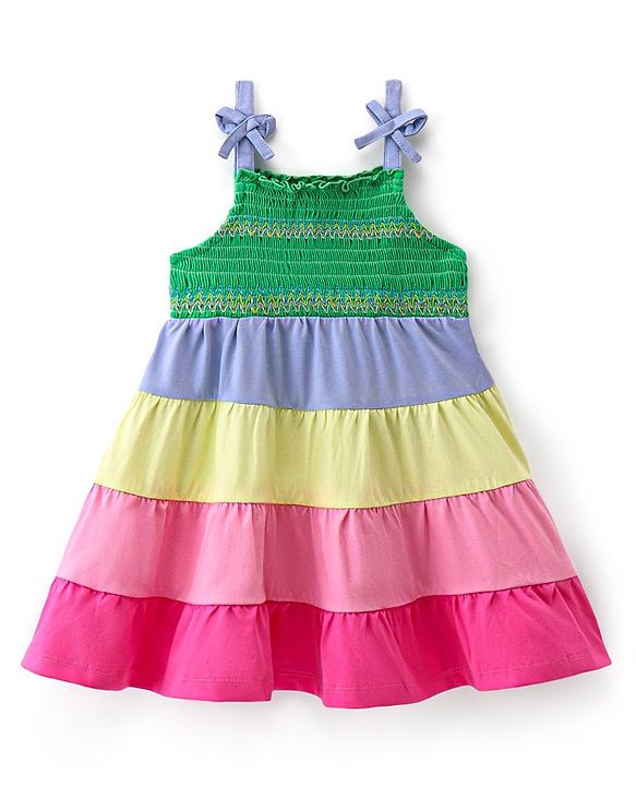 Babyhug Knitted Singlet Sleeves Frock With Stripes - Multicolour