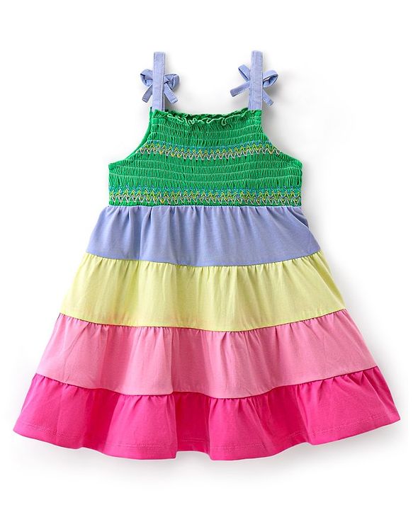 Babyhug Knitted Singlet Sleeves Frock With Stripes - Multicolour